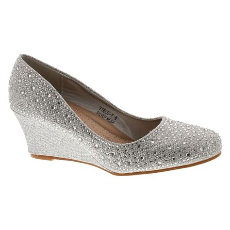 silver shoes with wedge heel.